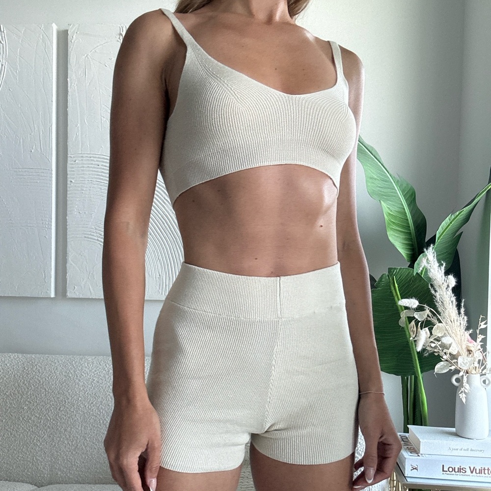 Cream Ribbed Knit Crop Top and Shorts Set
